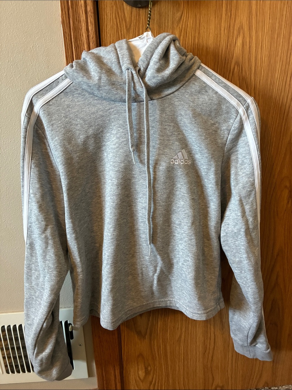 adidas Crop Gray Pullover Hoodie with White 3-Stripes